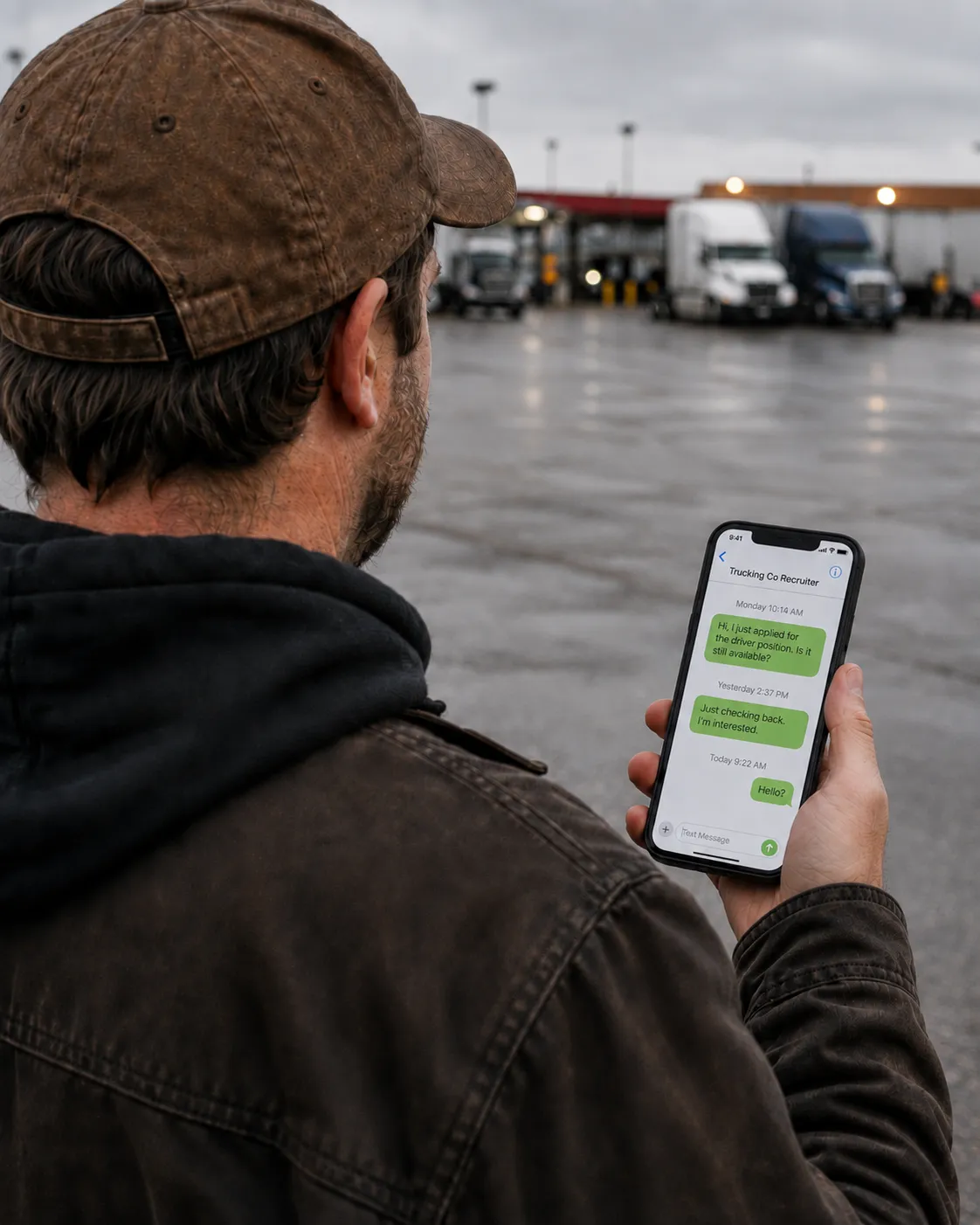 CDL driver gets ghosted by a recruiter without SMS and voice campaigns, looking at phone without replies