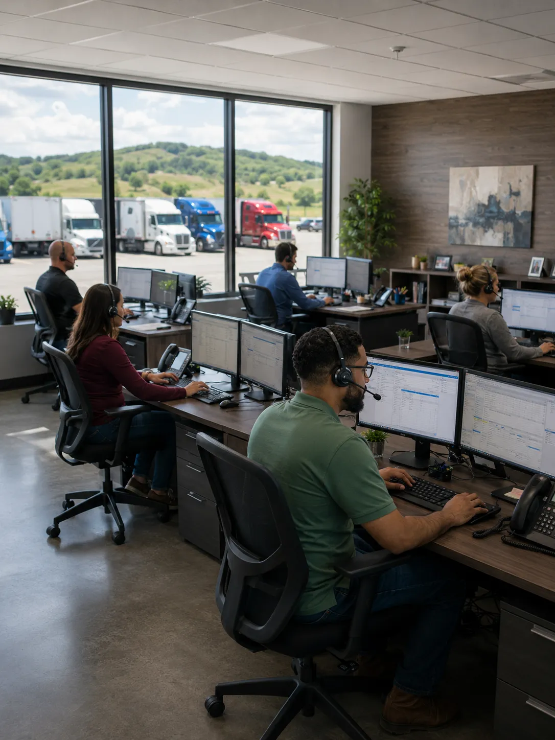 Trucking company dispatchers working at their desks with driver lead quality issues