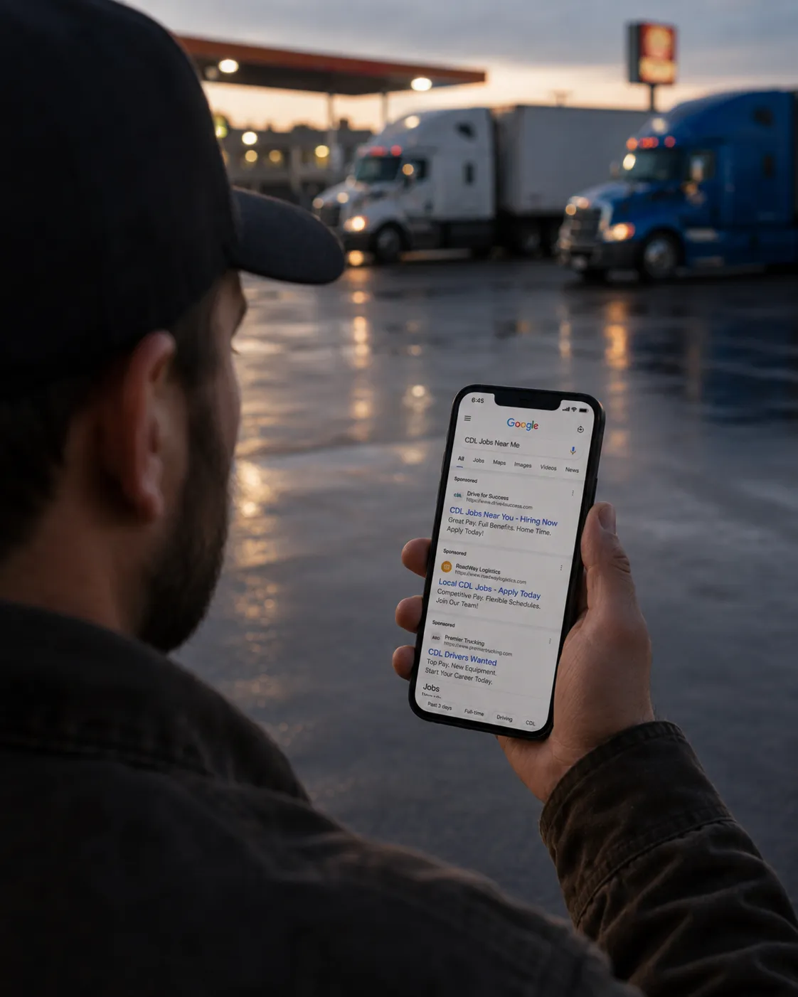 CDL driver looking at Google ads for truck driving jobs on his phone